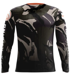 Jersey de motocross Fox Racing en diseño camuflado con tonos negros, marrones y detalles naranjas