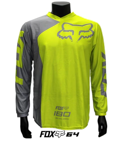 Jersey FOX 180 amarillo y gris, diseño moderno y aerodinámico para motocross y BMX.