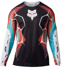 Jersey de motocross Fox 360 en color negro con detalles en rojo y cian, ideal para alto rendimiento y comodidad.