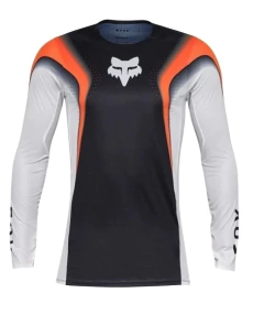 Jersey para BMX y motocross en colores negro, gris y blanco, con detalles en naranja. Diseño aerodinámico, transpirable y de alto rendimiento para competencias.