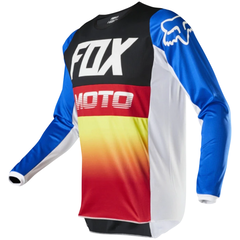 Jersey FOX 180 MOTO para hombre en colores negro, rojo, amarillo y azul, ideal para motocross o BMX.