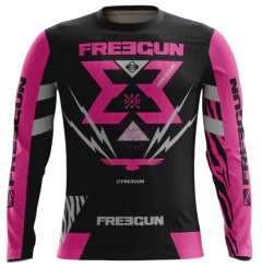 Jersey de motocross Freegun en negro y rosa con diseño deportivo y estampado llamativo