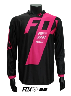 Jersey FOX 180 de motocross para hombre en color negro con detalles fucsia y blanco.

