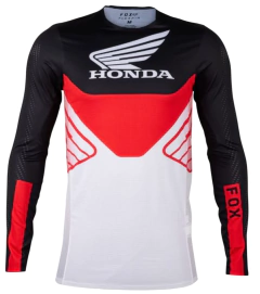 Jersey Fox Racing Honda para motocross, en colores negro, rojo y blanco, con manga larga y diseño transpirable.
