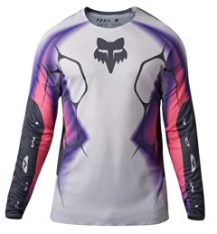 Jersey de motocross Fox 360 en gris con tonos morado y rosado, con diseño ergonómico y transpirable.