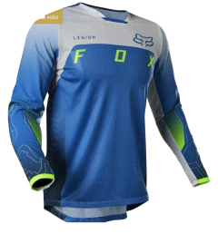 Jersey FOX Legion oscuro con detalles azul, mangas reforzadas y diseño técnico para motocross o enduro