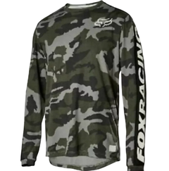 Jersey Fox Racing de manga larga para motocross y MTB, con diseño camuflado en tonos verdes, negros y grises. Ideal para enduro y downhill.