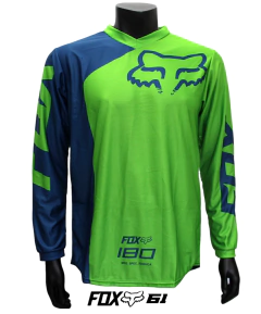Jersey FOX 180 verde y azul, diseño moderno y aerodinámico para motocross y BMX.