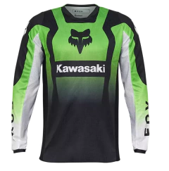 Jersey Fox 180 Kawasaki en color verde con diseño oficial, ideal para motocross y enduro, con tejido transpirable y ajuste ergonómico.