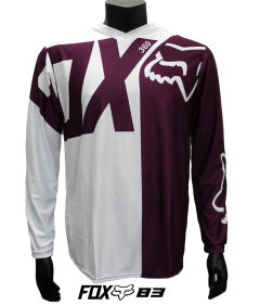 Jersey FOX 360 de manga larga en colores blanco y vinotinto con diseño dividido y logotipo FOX en el pecho. Ideal para motocross, BMX y deportes extremos, con estilo agresivo y llamativo.