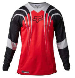 Jersey de motocross Fox Racing rojo y negro con diseño transpirable y mangas largas, ideal para motocross, enduro y off-road.