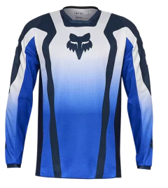 Jersey Fox 180 Lean en color azul, diseñado para motocross y enduro, con tejido transpirable y ajuste ergonómico.