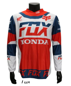 Camiseta FOX motocross Honda edición tricolor con diseño rojo, azul y blanco

