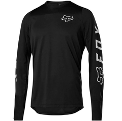 Jersey de motocross Fox Racing negro con mangas largas y logo en pecho y brazos.