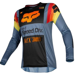 Jersey de manga larga para MTB y motocross marca Fox, modelo Speed Div MX, en color azul y naranja con detalles en rojo.