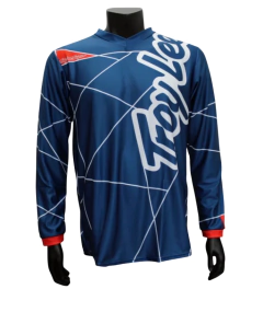 Jersey Troy Lee Designs TLD 033 para BMX y motocross, diseño colorido con franjas en tonos azul, blanco y rojo

