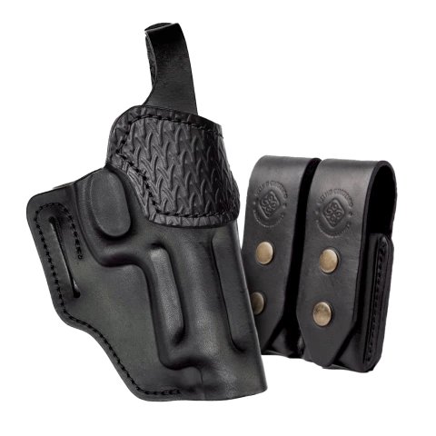 KIT COLDRE DE COURO SLIM OWB STAMP C/ TRAVA + 01 PORTA CARREGADOR DUPLO C/ TRAVA