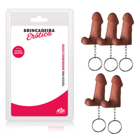 Kit 5 Chaveiros Mini Pênis com Escroto Marrom em PVC