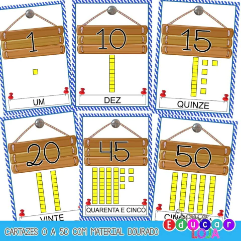 Cartazes Numerais 0 a 50 com Material Dourado pdf Digital