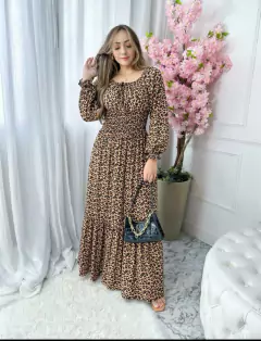 Pré Venda - Vestido Longo com Lastex Animal Print Luciana Manga Longa - Mi Amore