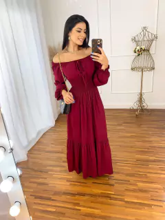 Pré Venda - Vestido Longo com Lastex Marsala Luciana Manga Longa - Mi Amore