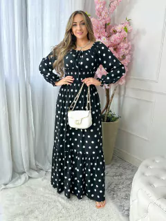Pré Venda - Vestido Longo com Lastex Poá Preto Luciana Manga Longa - Mi Amore - comprar online