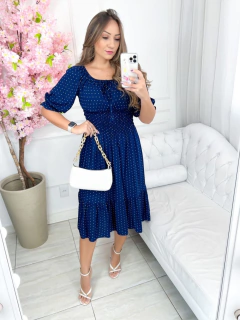 Pré Venda - Vestido Midi com Lastex Mini Poá Azul Ingrid 3/4 - Mi Amore