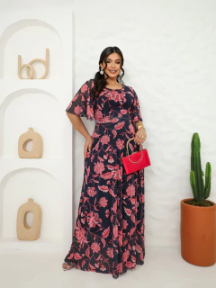 Vestido Longo Tule Azul Floral Amanda - Mi Amore - Mi Amore Moda Evangélica