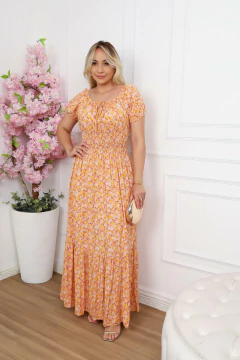 Pré Venda - Vestido Longo com Lastex Floral Pessego Luciana - Mi Amore - comprar online