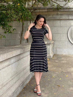 Vestido Sereia Listras Preto Damares - Mi Amore - Mi Amore Moda Evangélica