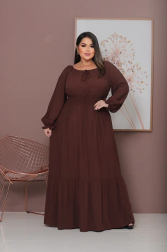 Pré Venda - Vestido Plus Size Longo com Lastex Marrom Diana - Mi Amore