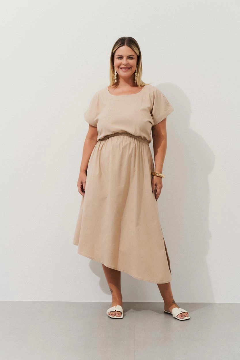 Vestido Liso Assimétrico Alfaiataria Bege
