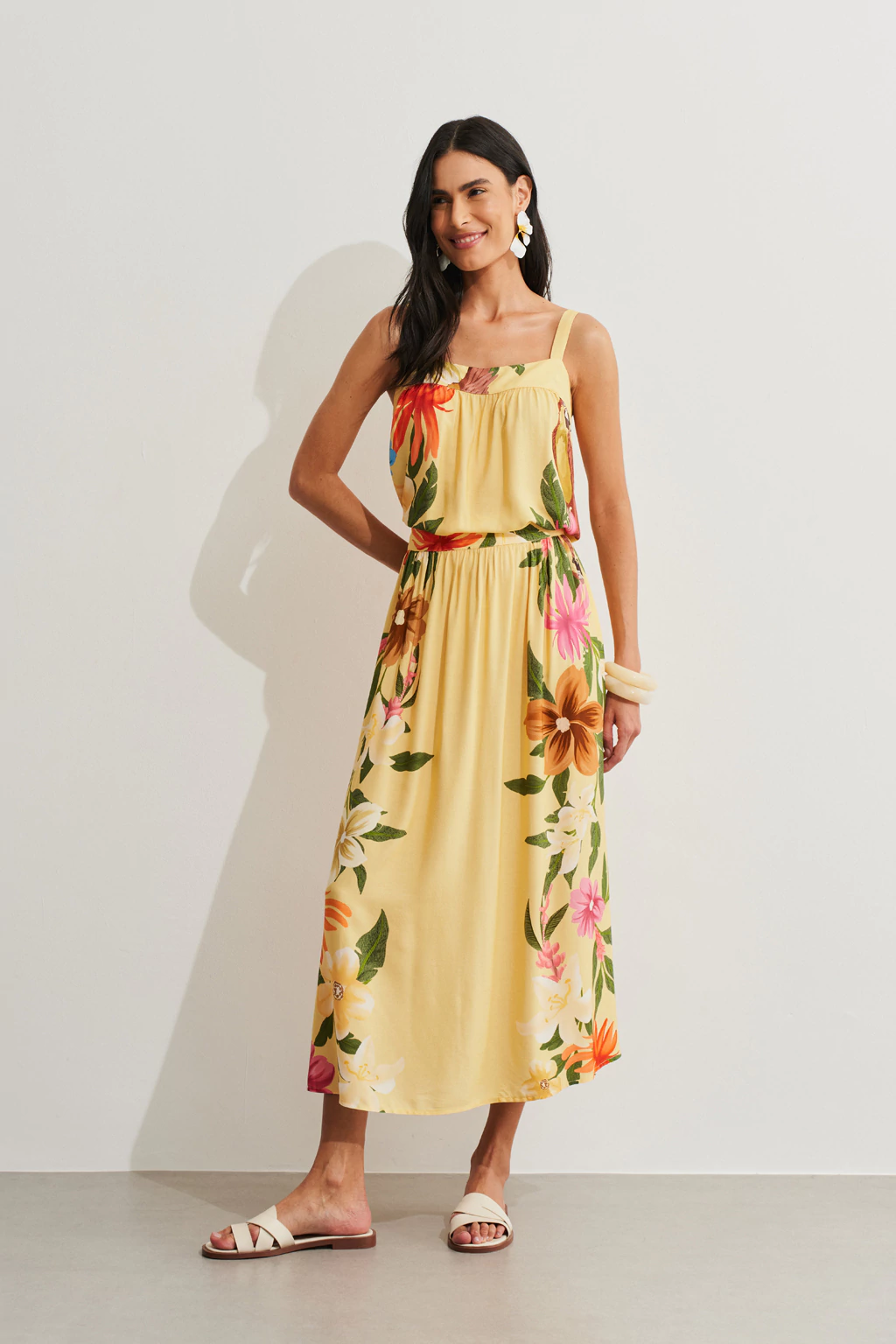 Saia Midi Estampada Flora Suave Amarelo