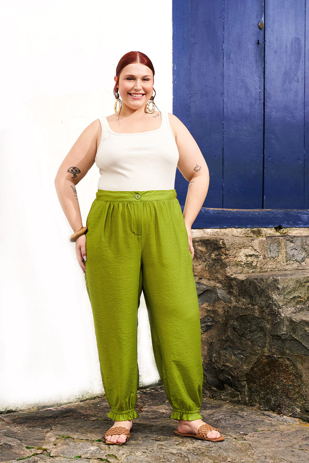 Calça Lisa Franzida Pistache