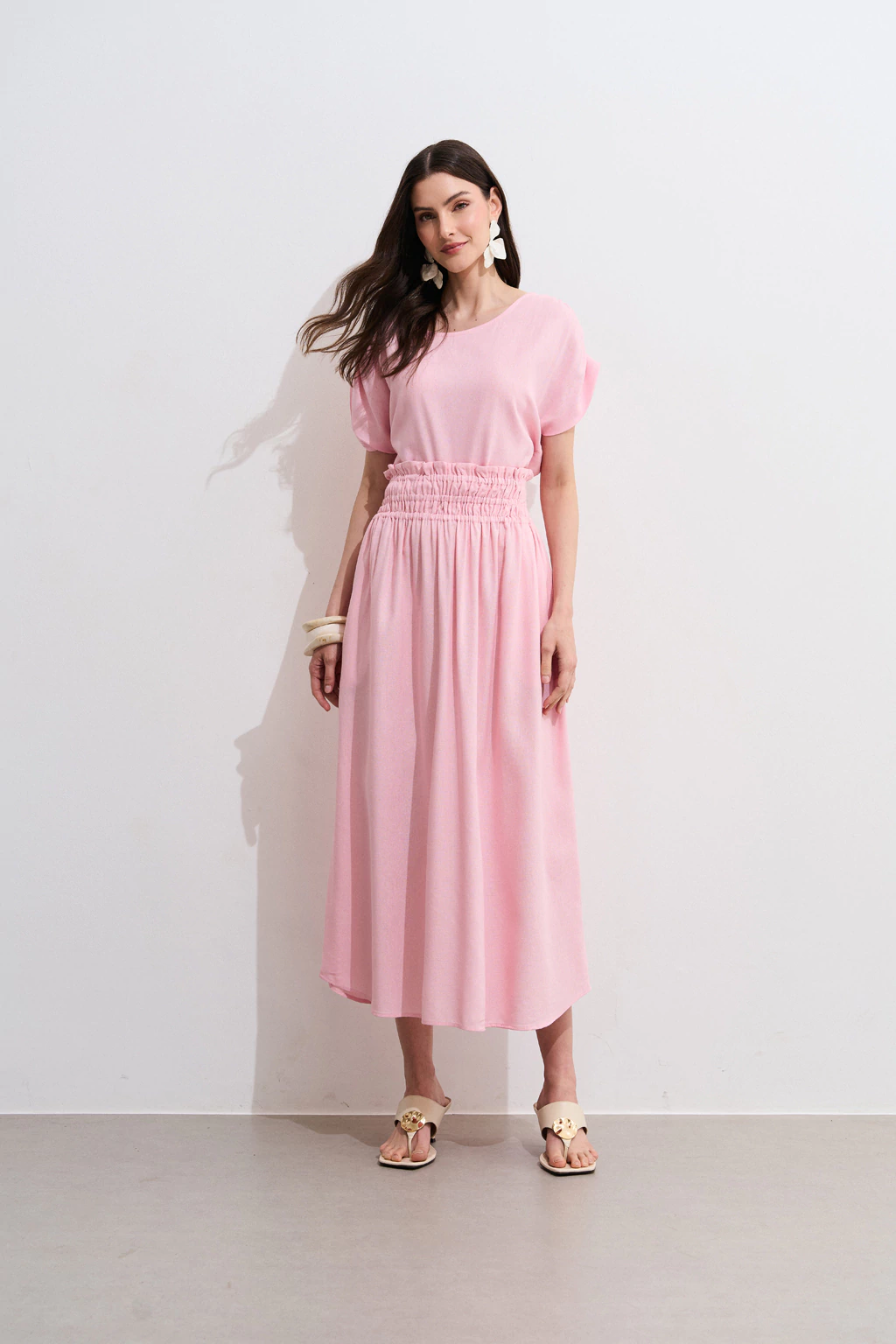 Saia Longa Linho Rosa Claro