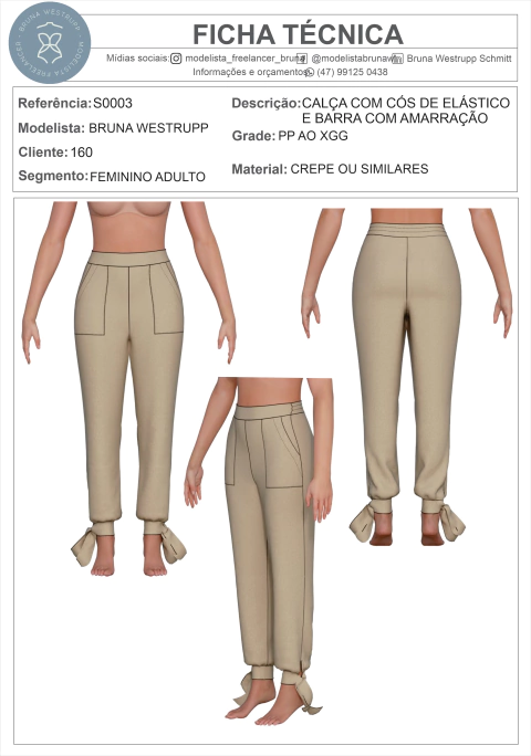 MOLDE CALÇA COM BOLSO E CÓS DE ELÁSTICO E BARRA COM AMARRAÇÃO