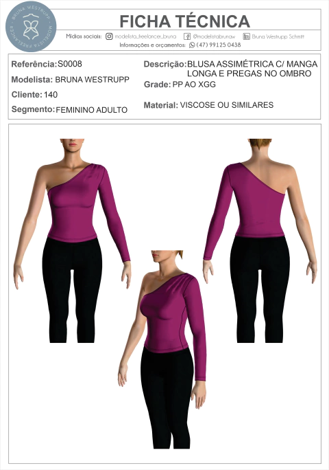 MOLDE BLUSA ASSIMÉTRICA COM MANGA LONGA E PREGAS NO OMBRO