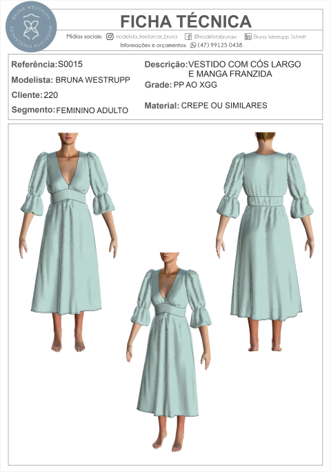 MOLDE VESTIDO COM CÓS LARGO E MANGA FRANZIDA