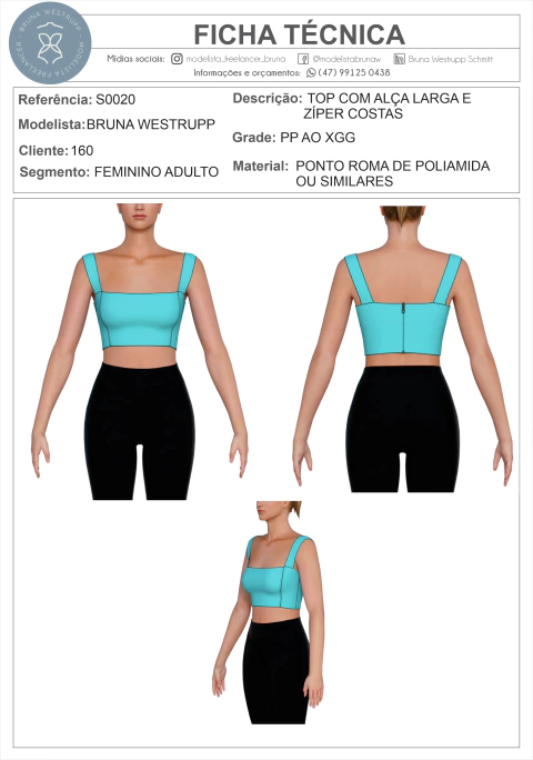 MOLDE TOP COM ALÇA LARGA E ZÍPER NAS COSTAS