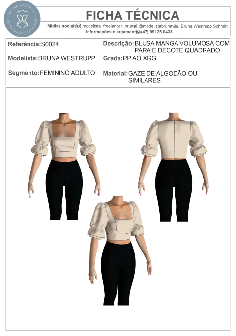 MOLDE BLUSA MANGA VOLUMOSA COM PARA E DECOTE QUADRADO