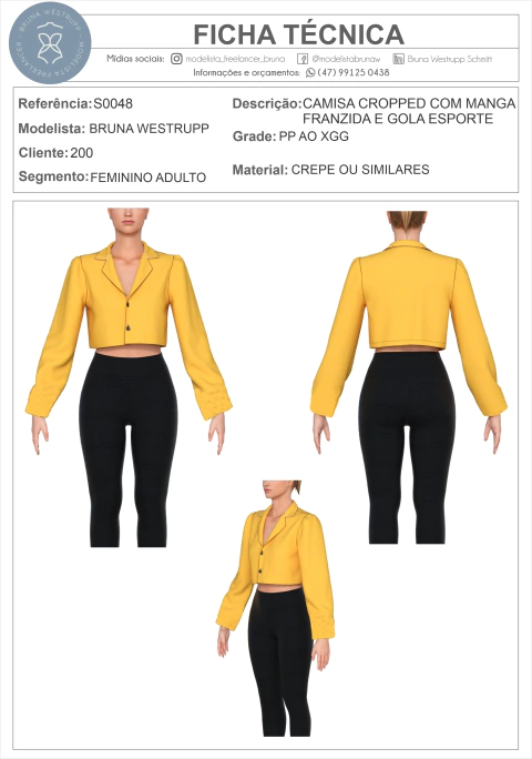 MOLDE CAMISA CROPPED COM MANGA FRANZIDA E GOLA ESPORTE