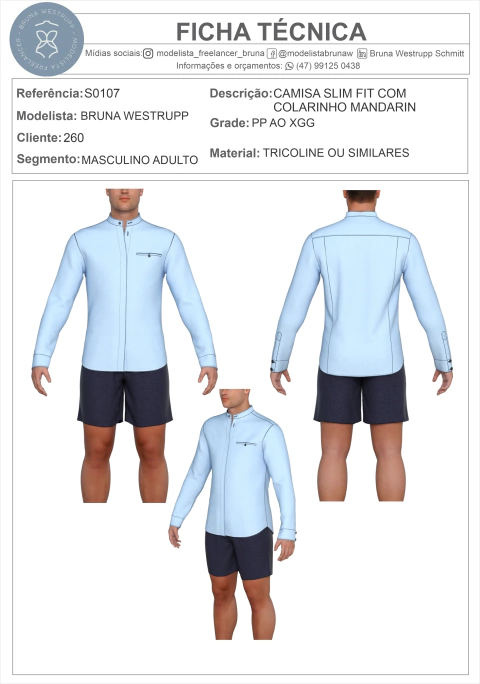 MOLDE CAMISA SLIM FIT COM COLARINHO MANDARIN