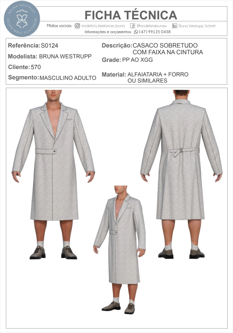 MOLDE CASACO SOBRETUDO COM FAIXA NA CINTURA
