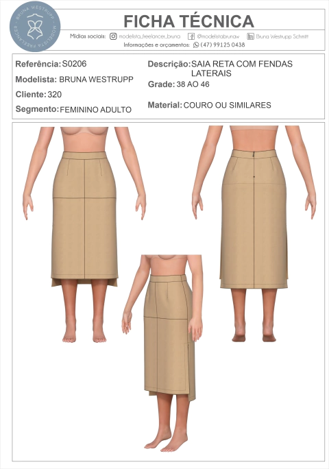 MOLDE SAIA COURO RETA COM FENDAS LATERAIS