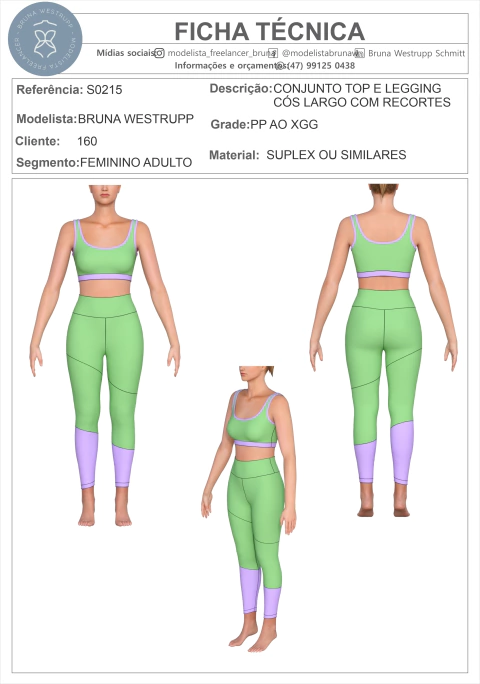 MOLDE CONJUNTO TOP E LEGGING CÓS LARGO COM RECORTES