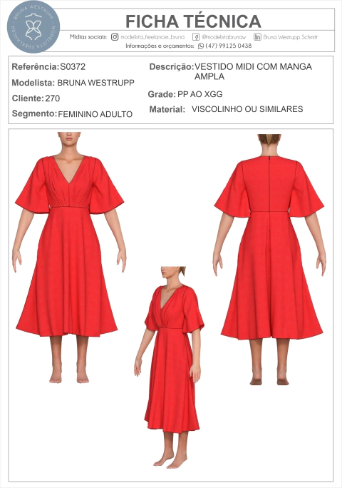 MOLDE VESTIDO MIDI COM MANGA AMPLA