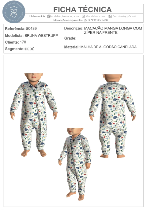 MOLDE MACACÃO MANGA LONGA COM ZÍPER NA FRENTE