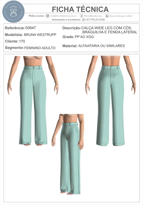 MOLDE CALÇA WIDE LEG COM CÓS, BRAGUILHA E FENDA LATERAL - comprar online