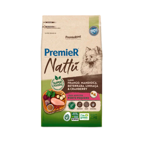 Ração Premier Nattu Cães Adultos Porte Pequeno Frango, Mandioca, Beterraba, Linhaça & Cranberry 2,5KG