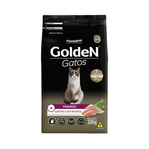 RAÇÃO PREMIER PET GOLDEN FORMULA GATOS ADULTOS CASTRADOS SABOR FRANGO E ARROZ 3KG